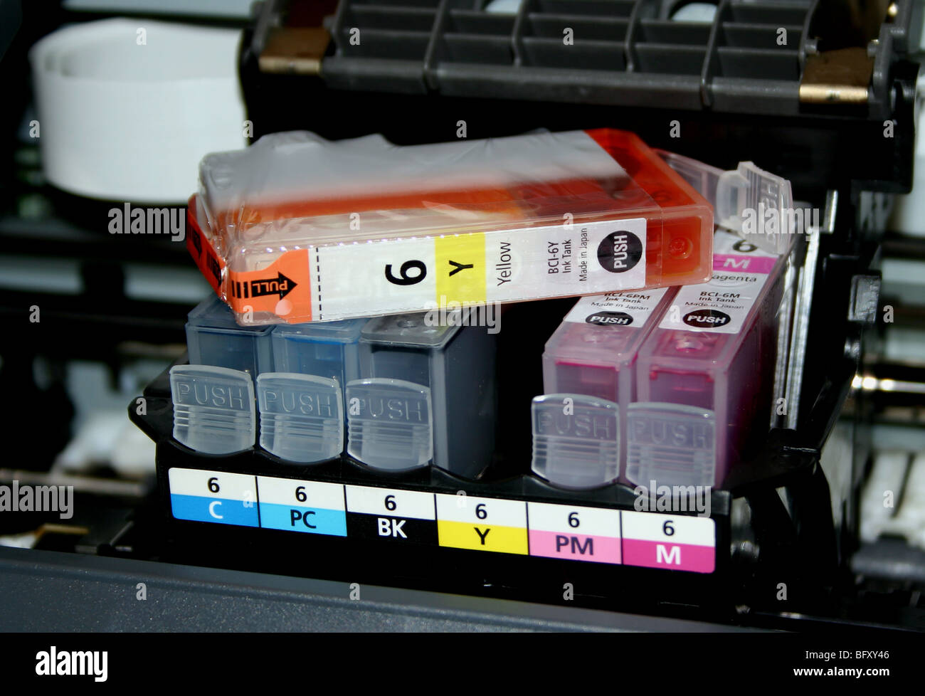 Coloured Ink Cartridges in Inkjet Printer Stock Photo