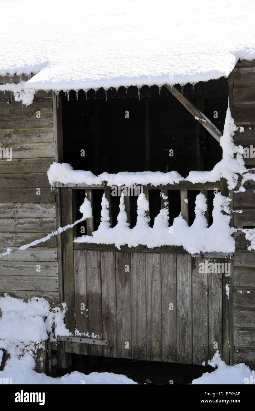 Stable door in the snow Stock Photo