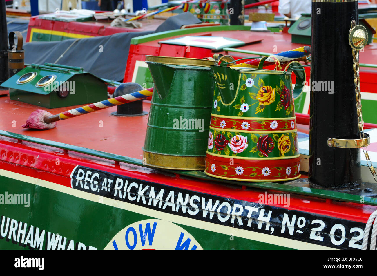 details of traditional painted cans on a narrowboat Stock Photo
