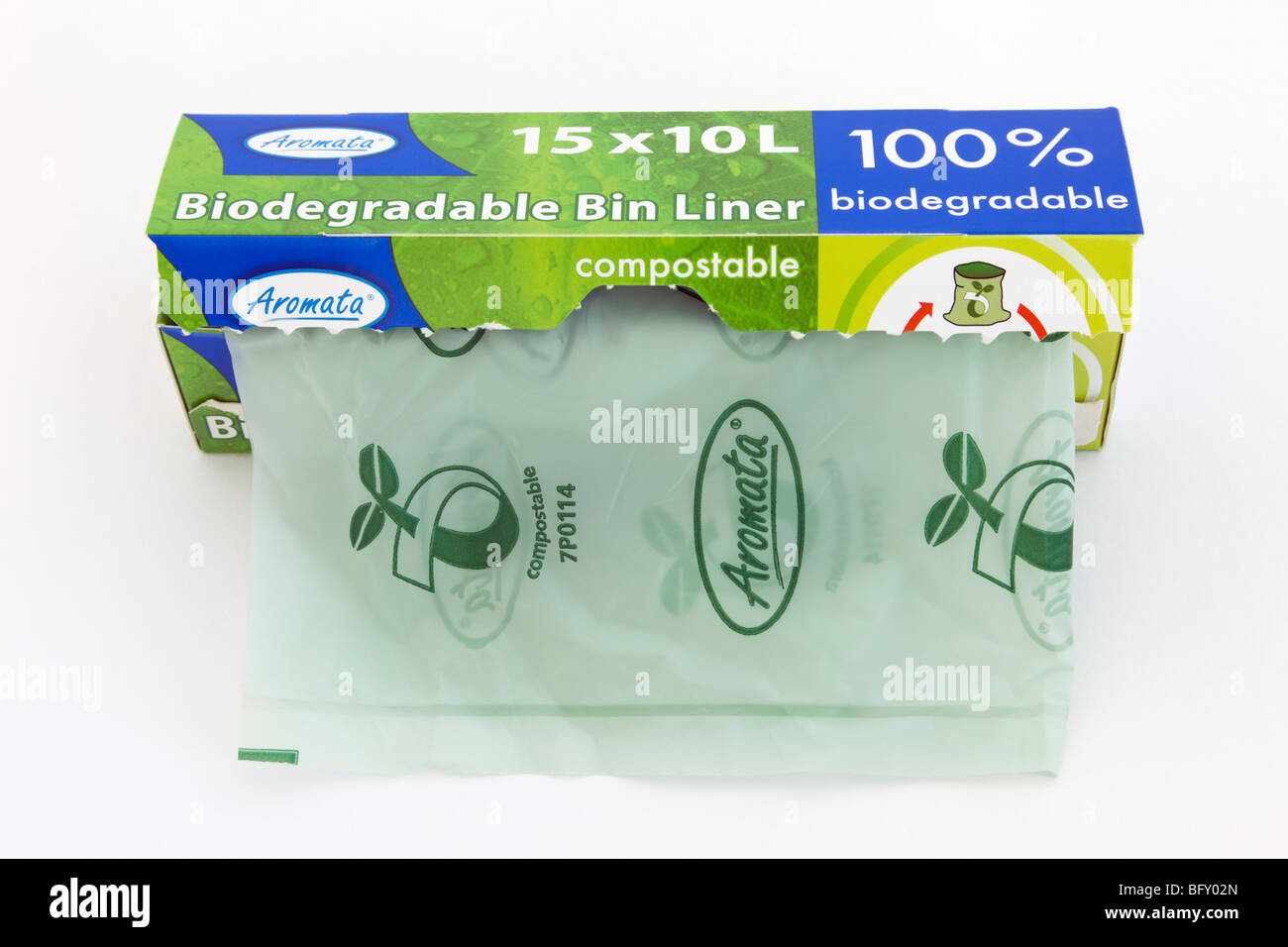 Box dispenser of Aromata 100% biodegradable and compostable plastic bin liners for food waste on a plain white background. England UK Britain Stock Photo