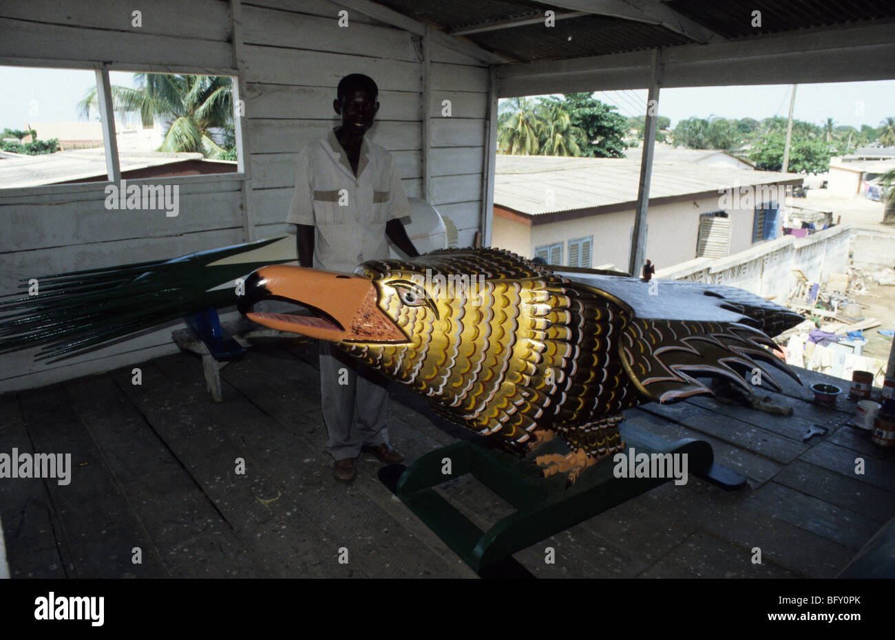 Traditional coffins in Accra, Ghana, at a funeral parlour specializing