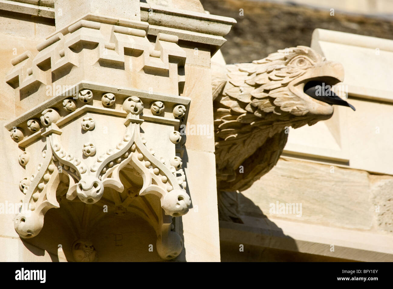 Facade of Gloucester Cathedral showing decorative stonework and a