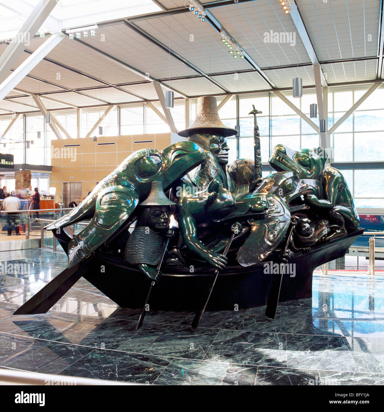 YVR Vancouver International Airport, Richmond, BC, British Columbia, Canada - Spirit of Haida Gwaii Sculpture (artist Bill Reid) Stock Photo