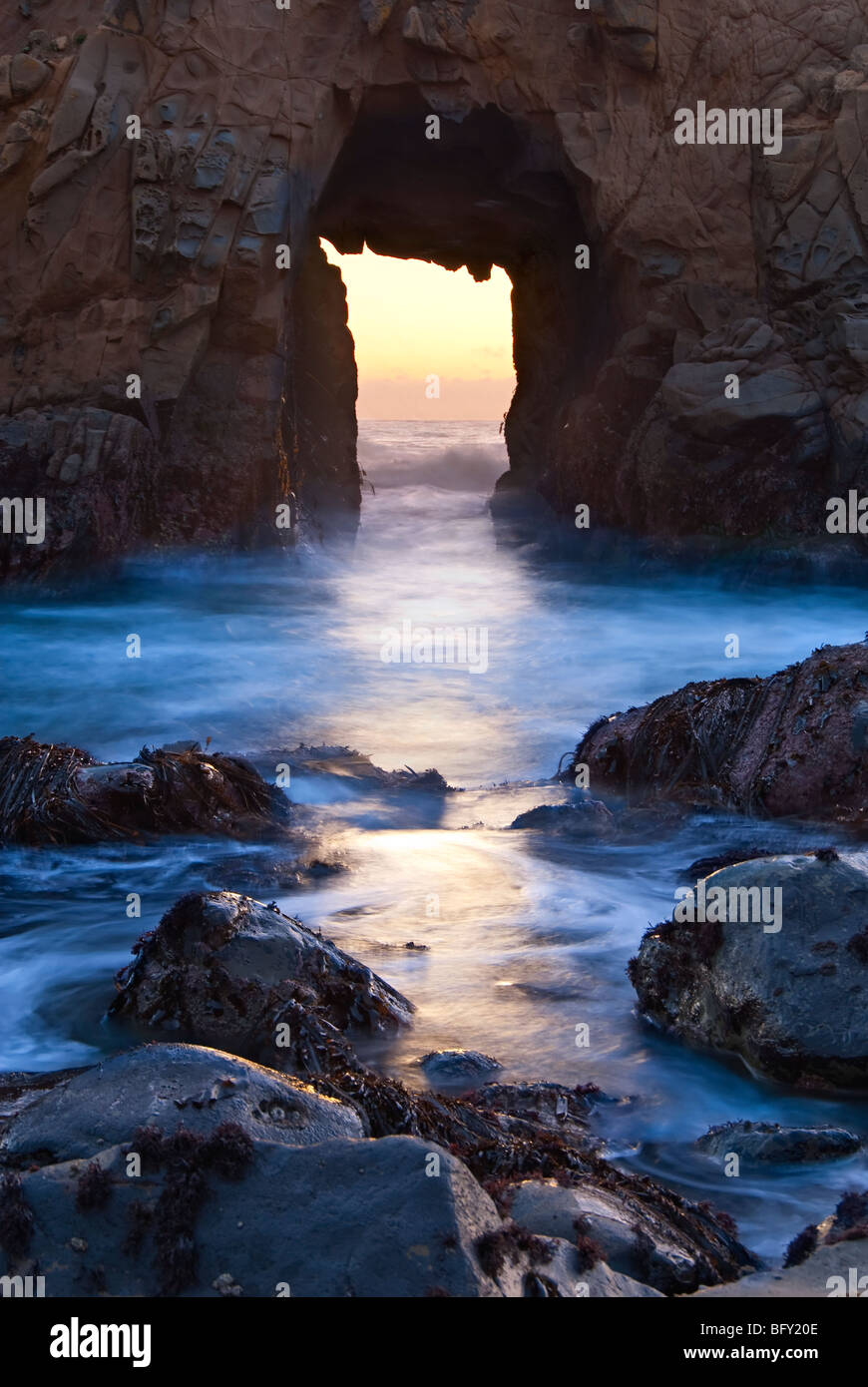 Sunset on Arch Rock in Pfeiffer Beach, Big Sur. Stock Photo