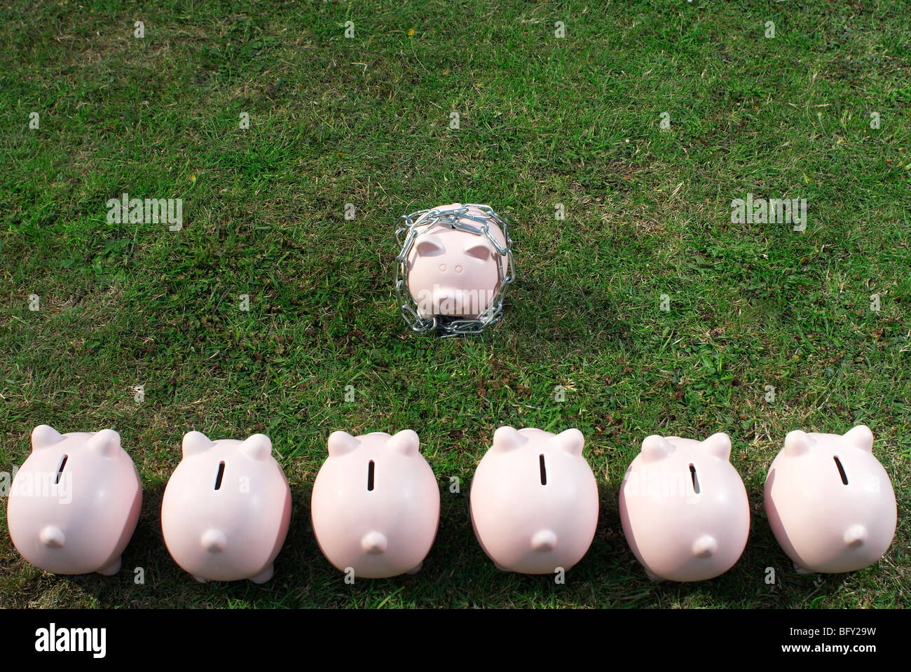piggy bank in a line facing one Stock Photo