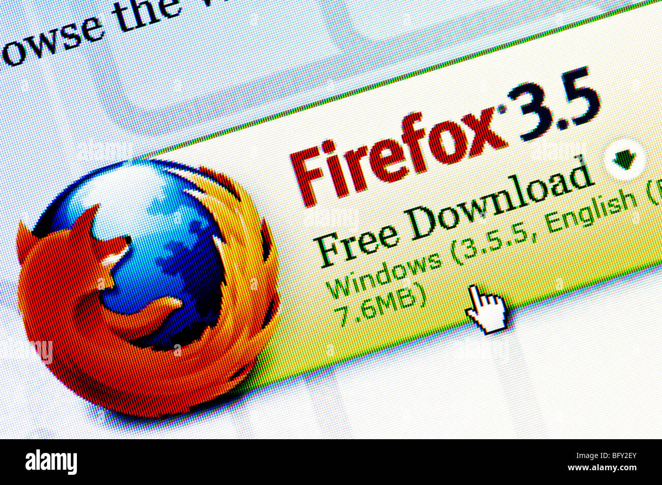 Macro screenshot of the download option icon and cursor on the Mozilla Firefox web browser website. Editorial use only. Stock Photo