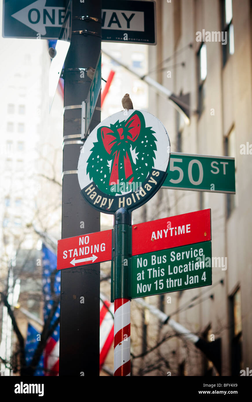 Parking restriction signs in Midtown Manhattan in New York for the Christmas holidays Stock Photo