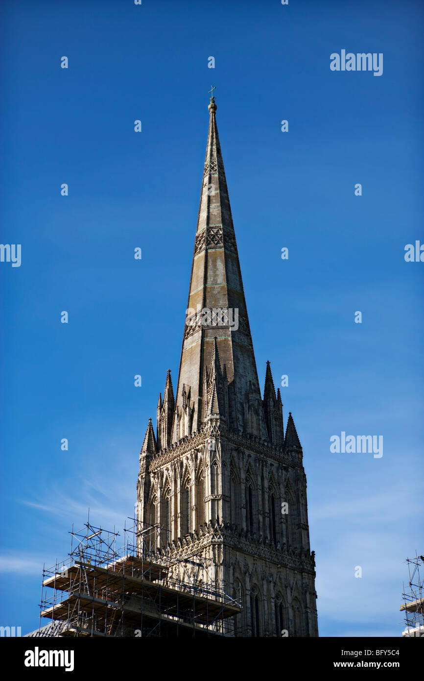 Salisbury Cathedral, Wiltshire, UK under repair and restoration with scaffolding visible Stock Photo