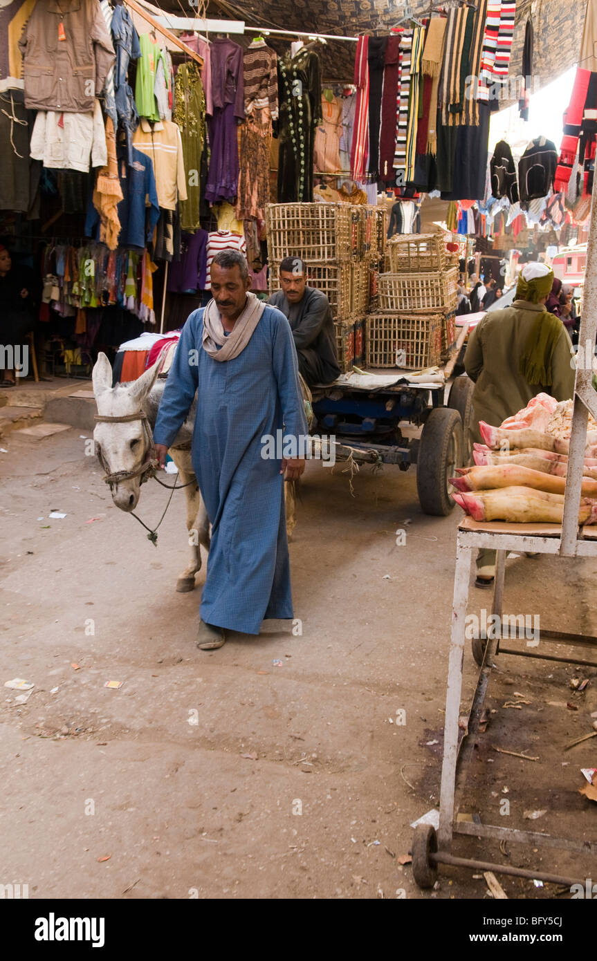 Donkey cart is lead through crowded market souk in Luxor. Stock Photo