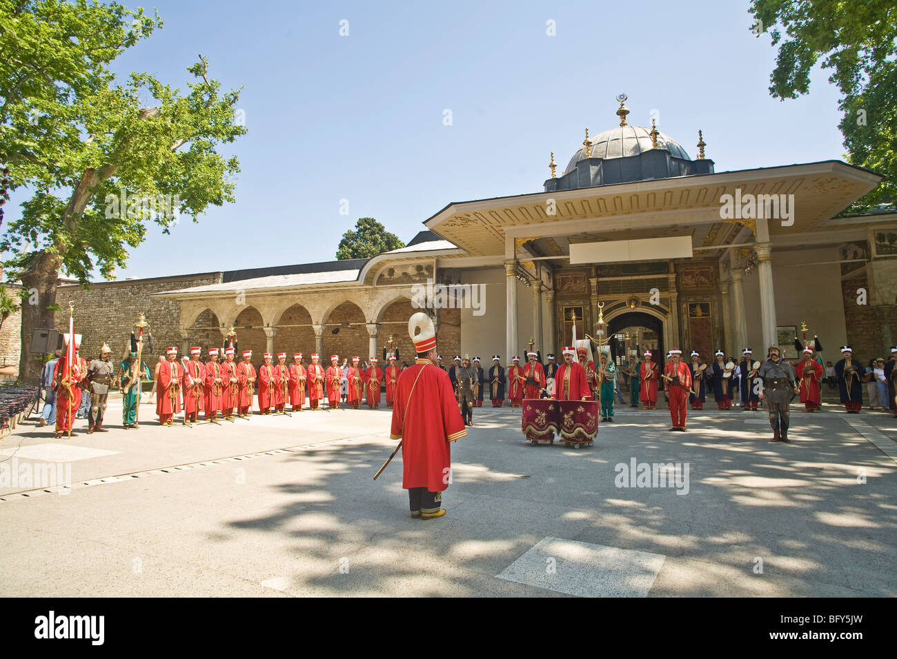 Ottoman military band 'mehter' performing for tourists at Topakapi Palace in Istanbul, Turkey. © Myrleen Pearson Stock Photo