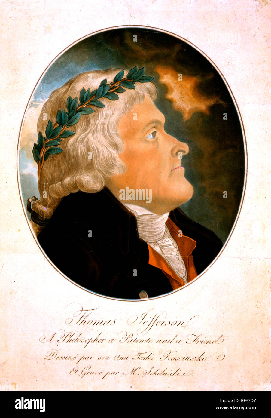 Thomas Jefferson, a philosopher, a patriot and a friend, bust portrait, right profile, wearing laurel crown Stock Photo
