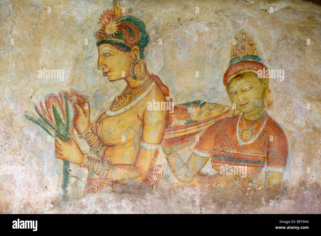 Rock paintings of concubines inside Sigiriya, Sri Lanka Stock Photo