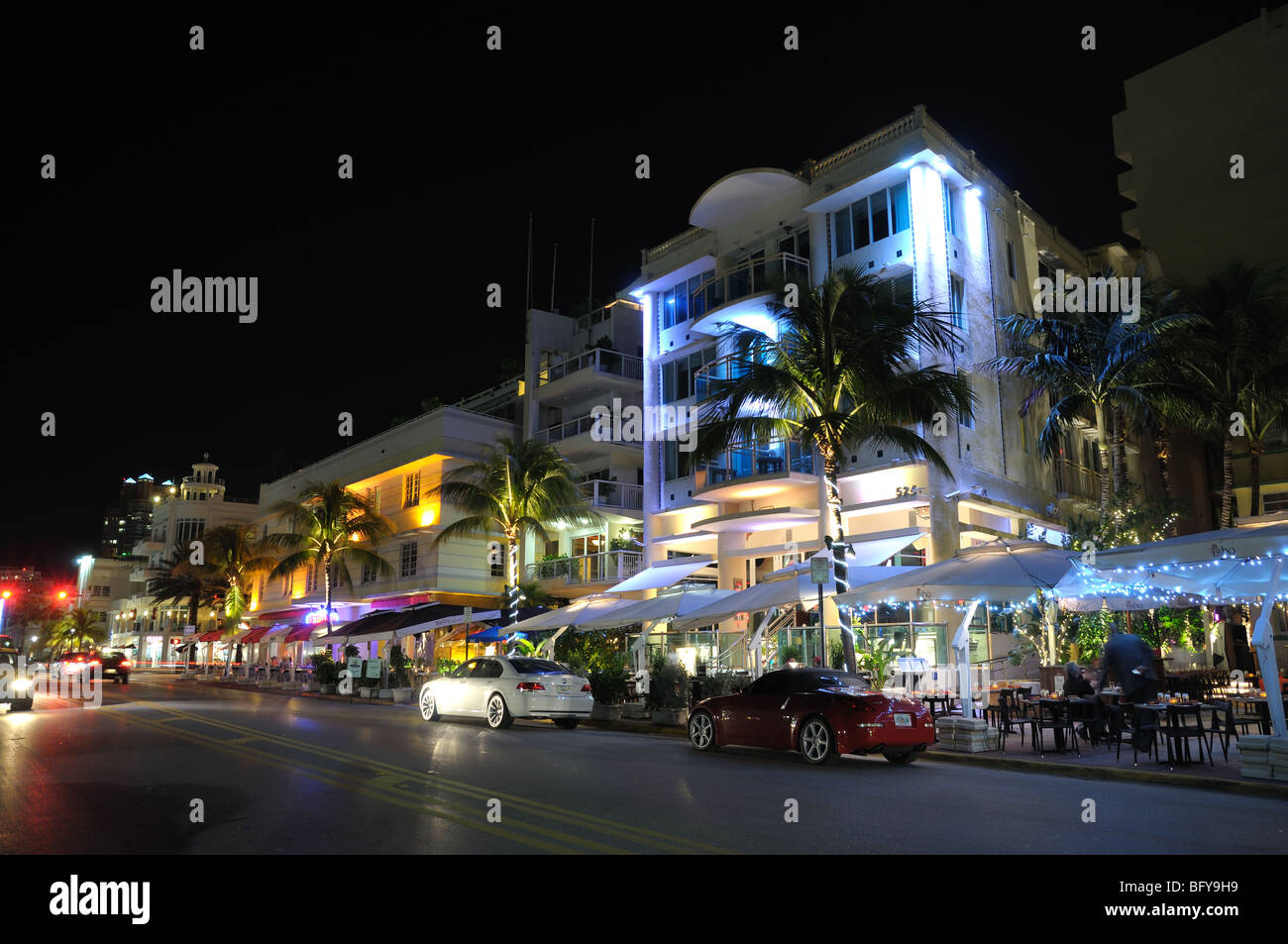 Miami South Beach Art Deco District at Night, Ocean Drive Stock Photo
