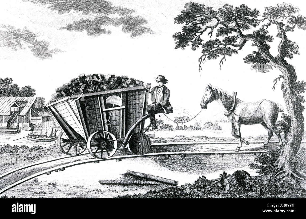 COAL MINING  about 1800. Wagon on railway tracks is pulled back to mine by the horse after unloading Stock Photo