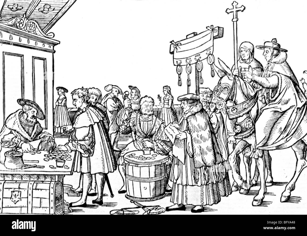 SALE OF INDULGENCES as shown in a German woodcut of Luther's time Stock Photo