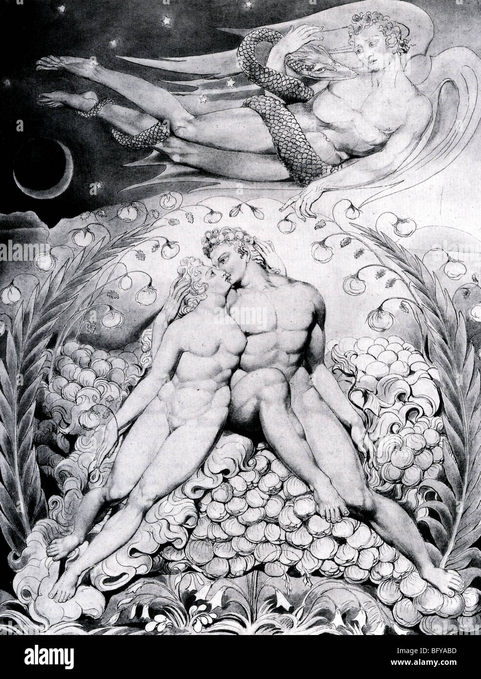PARADISE LOST illustration by William Blake in 1807 shows Adam and Eve watched by Satan holding a serpent Stock Photo