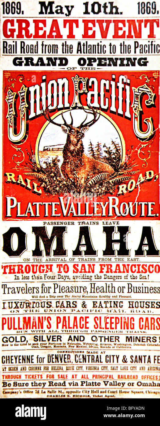 UNION PACIFIC POSTER 1869 advertising the opening of the first US transcontinental railway. Stock Photo