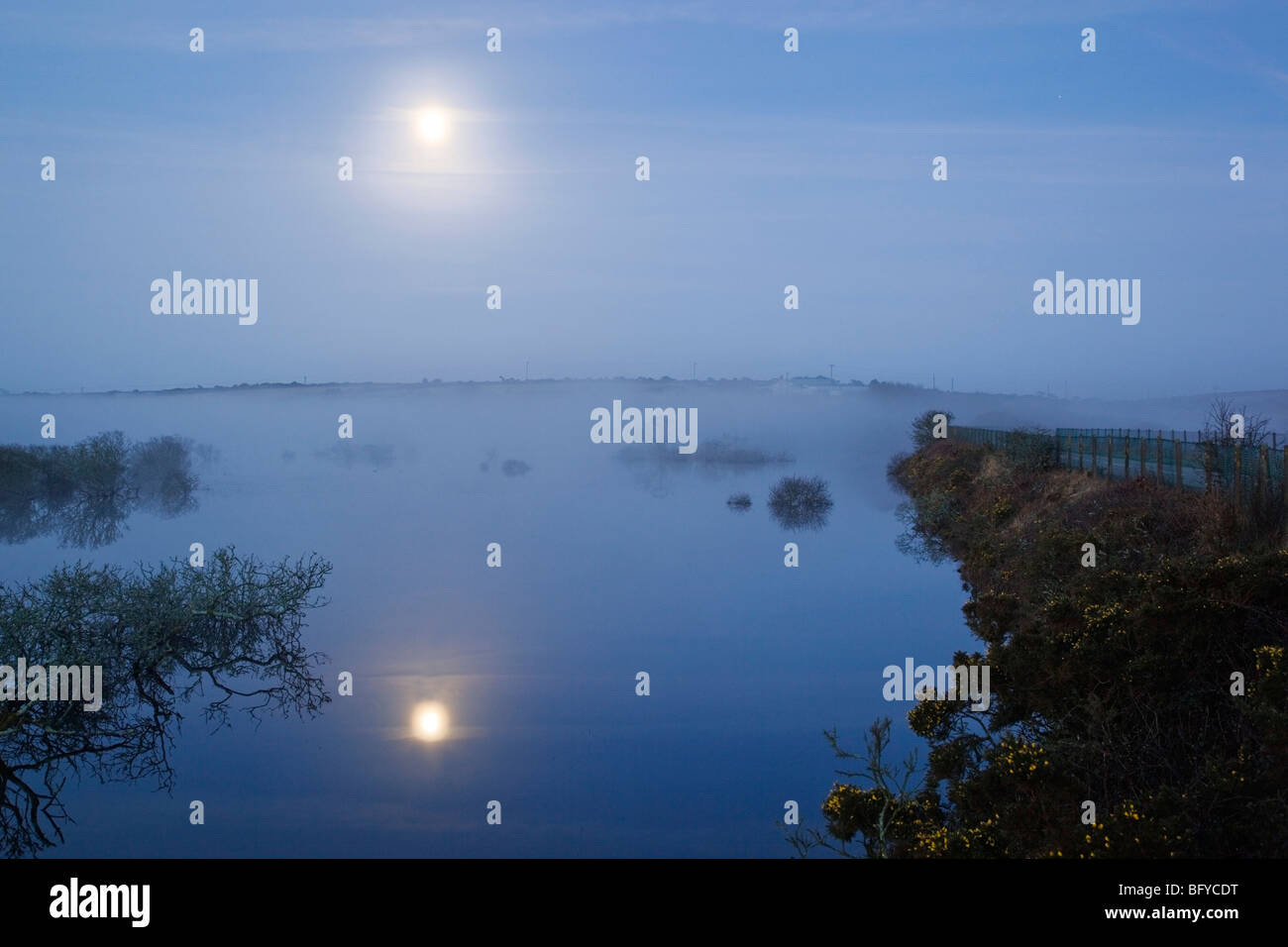 Stithians reservoir at night; with mist and moonlight; from the southern cut Stock Photo