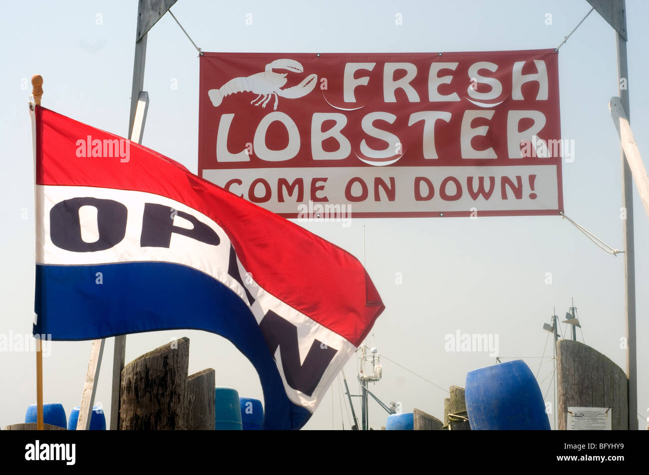 Sign advertising lobsters for sale on dock in Galilee Rhode Island