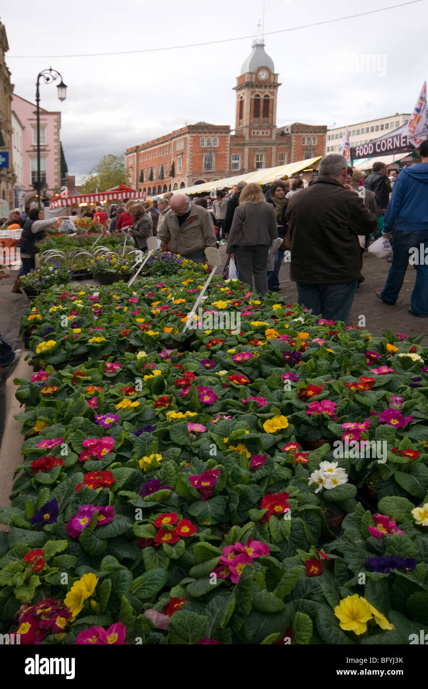 Chesterfield town center with flower stall Derbyshire East Midlands England Stock Photo Alamy