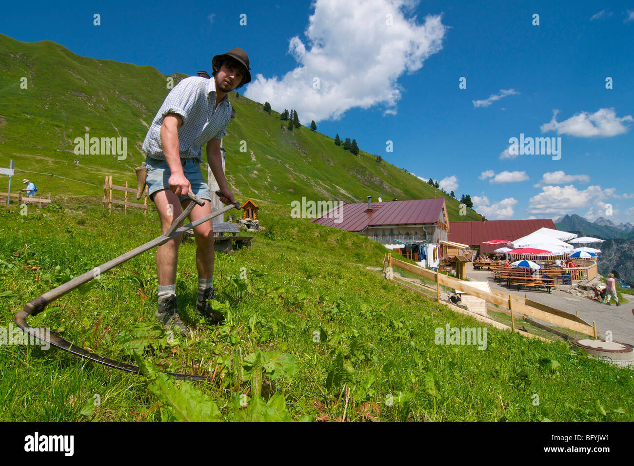 Senn, an alpine dairyman on Schlappoltalm, alpine meadow on Fellhorn Mountain, Oberstdorf, Allgaeu, Bavaria, Germany, Europe Stock Photo