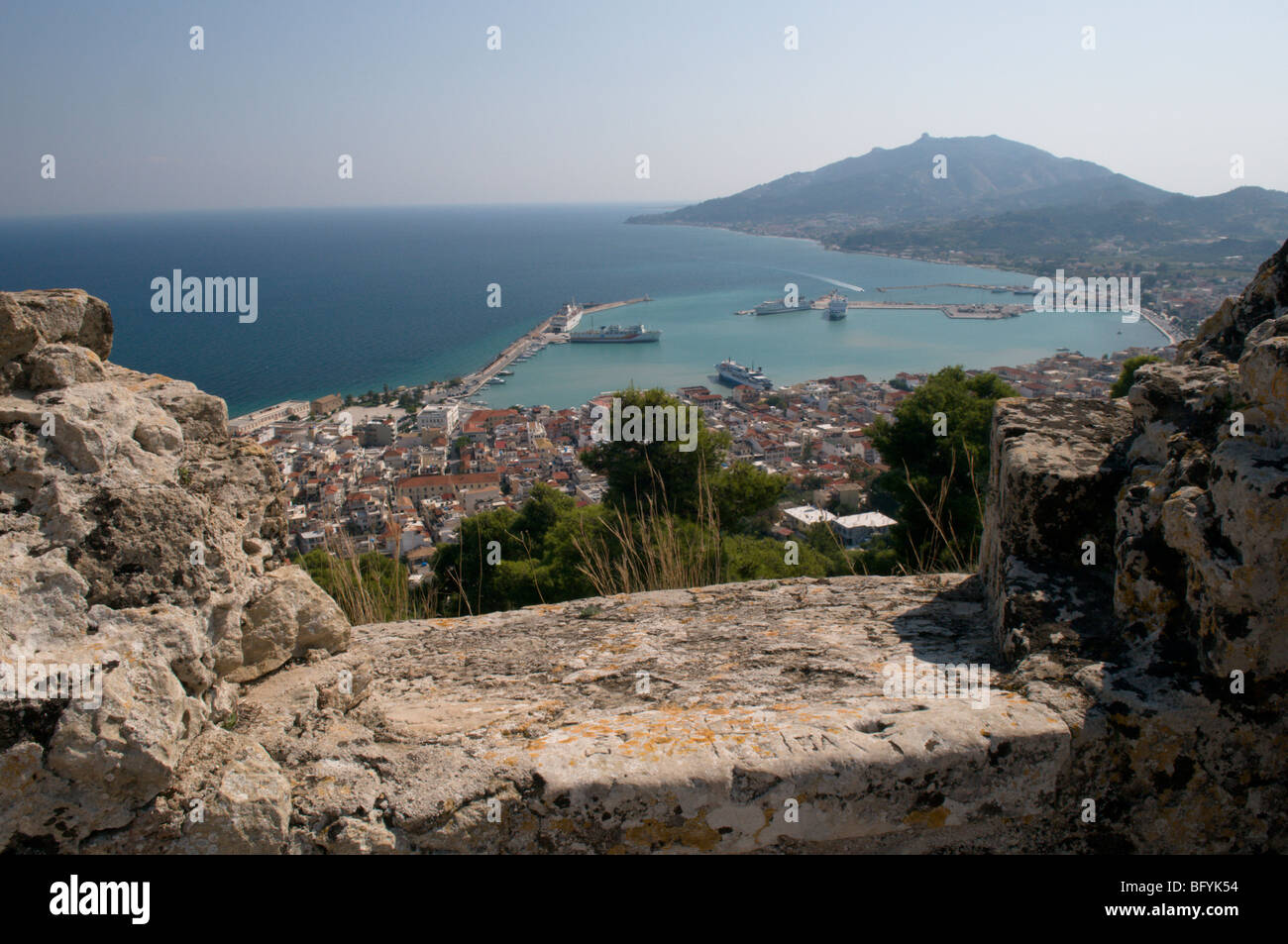 Greece. Zakynthos. Zante. Greek island. View through the battlements of  Grimani bastion in the Venetian Kastro. Zakinthos Town Stock Photo