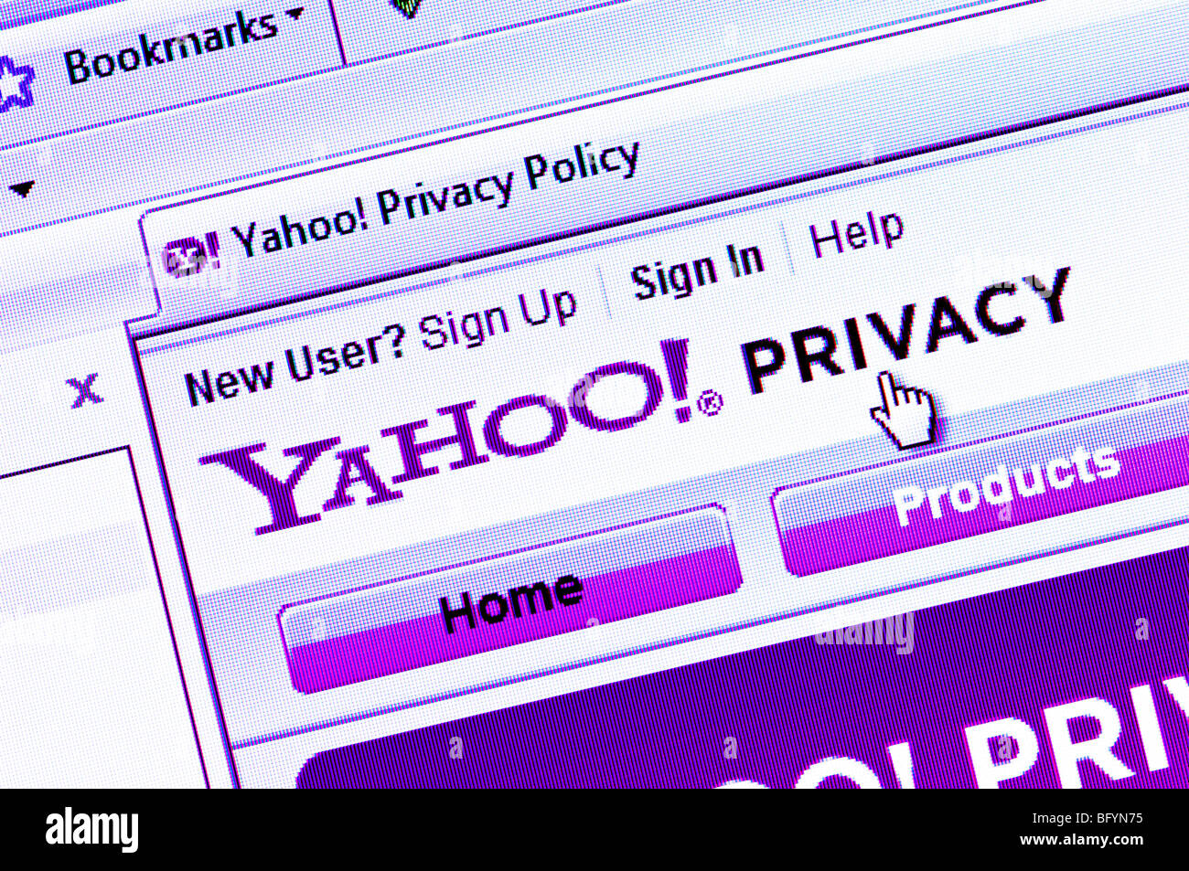 Macro screenshot of Yahoo's Privacy Centre - the section of Yahoo's website that outlines how it deals with personal data. Stock Photo
