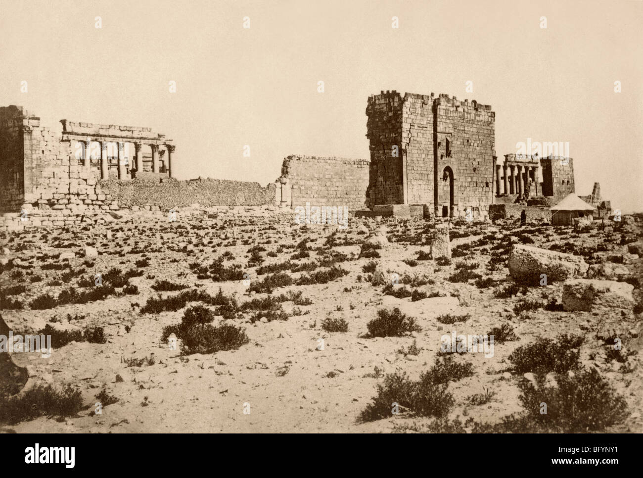 Ruins of the temples of ancient Palmyra, or Tadmor, in Syria, late 1800s. Photograph Stock Photo