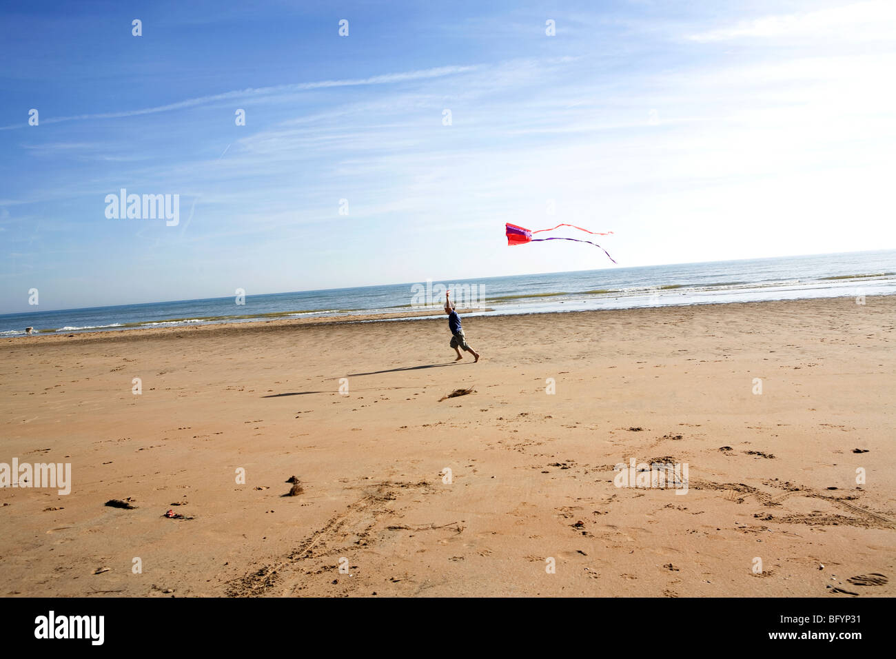 A young boy flying a kite at the beach Stock Photo Alamy
