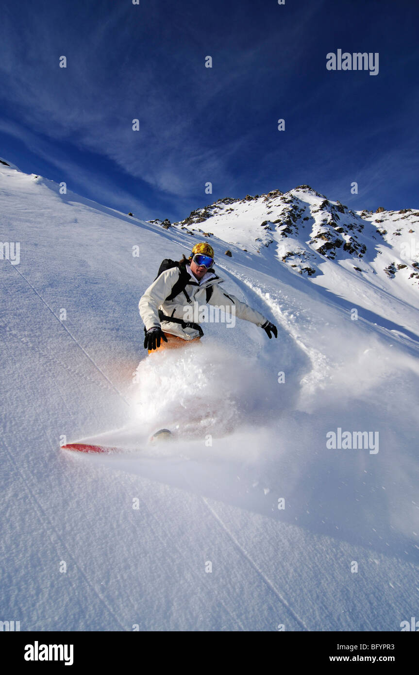 Snowboarder, Diavolezza ski resort, St. Moritz, canton of Grisons, Switzerland, Europe Stock Photo
