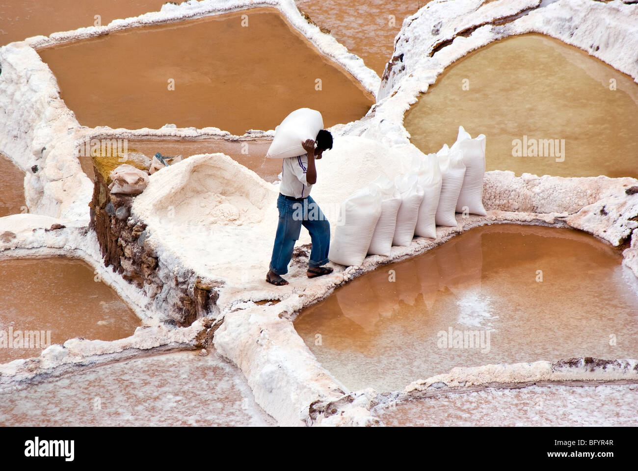 Man woking in the salt pans, Maras, Peru Stock Photo Alamy
