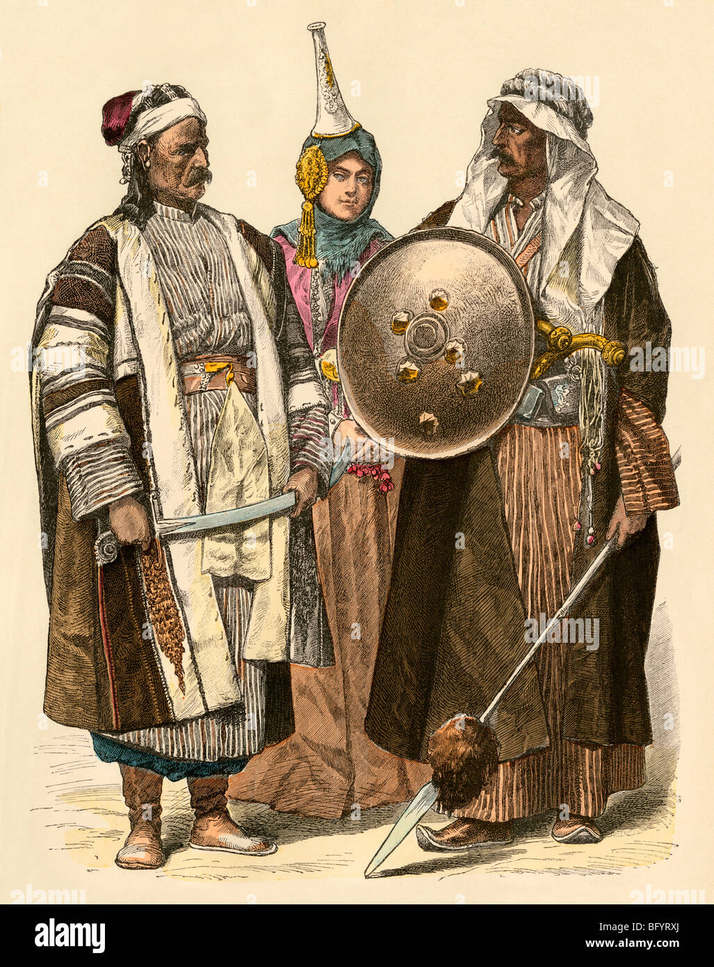 Syrian man (left), woman of Damascus, and an Arab from Baghdad. Hand-colored print Stock Photo