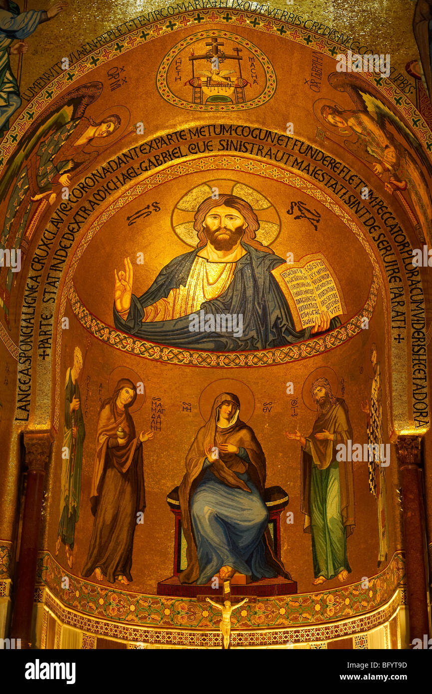 Christ blessing with Mary below. Byzantine mosaics of The Palantine Chapel in the Norman Palace, Palermo Sicily Stock Photo