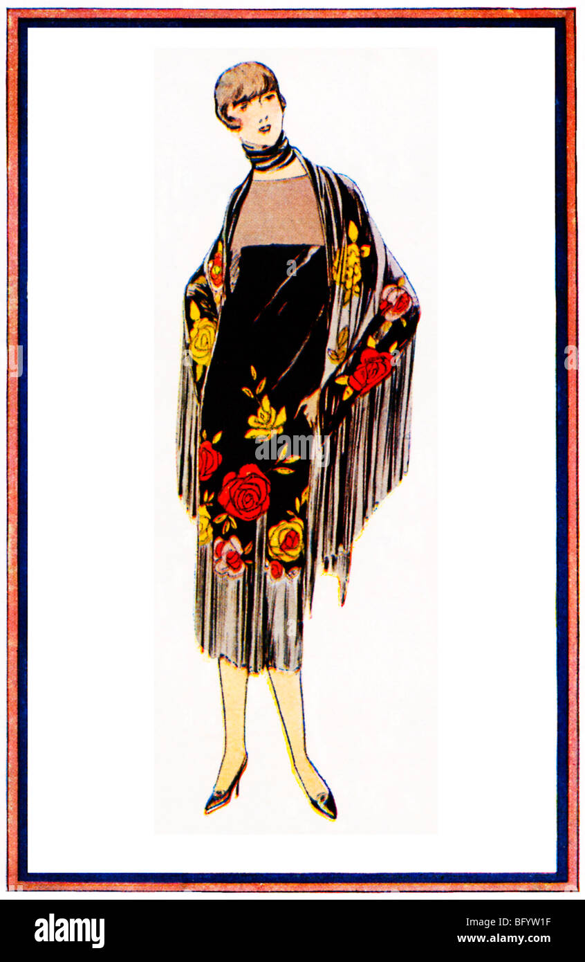 Tollmann, 1925 fashion illustration of his Summer Frock, with a shawl carried out in black mousseline de soie Stock Photo