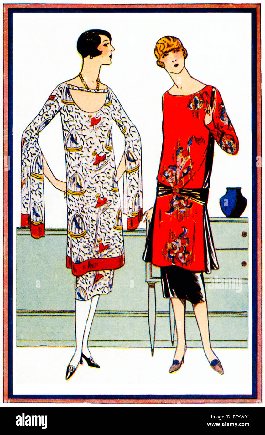 Jean Magnin and Alice Bernard, 1925 fashion illustration of the Art Deco Summer frocks from the smart designers Stock Photo