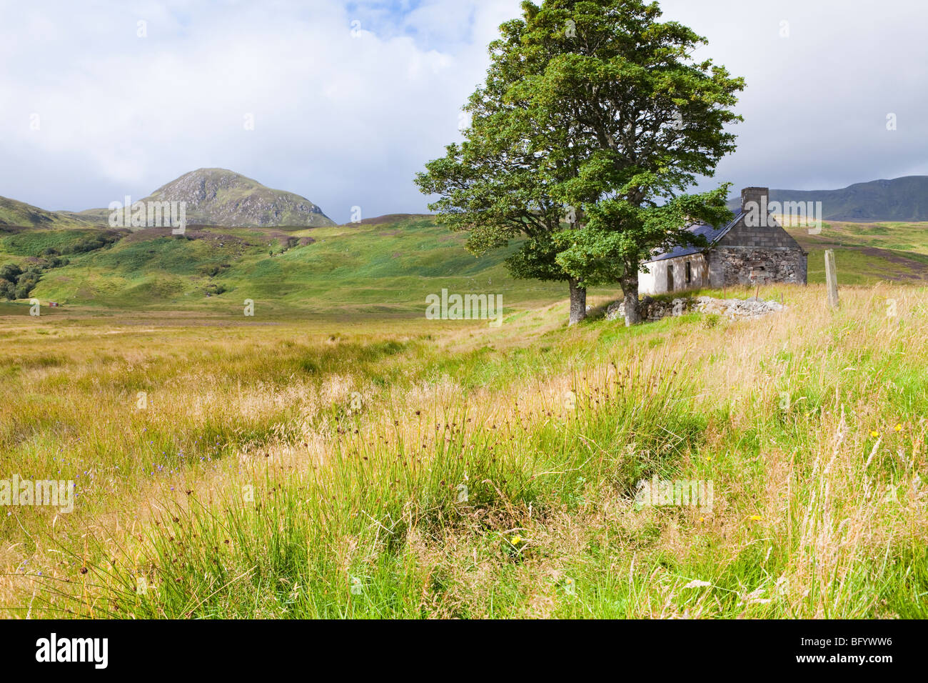 A ruined cottage at Lettermore on moorland leading up towards Ben Loyal, south of Tongue, Highland, Scotland Stock Photo