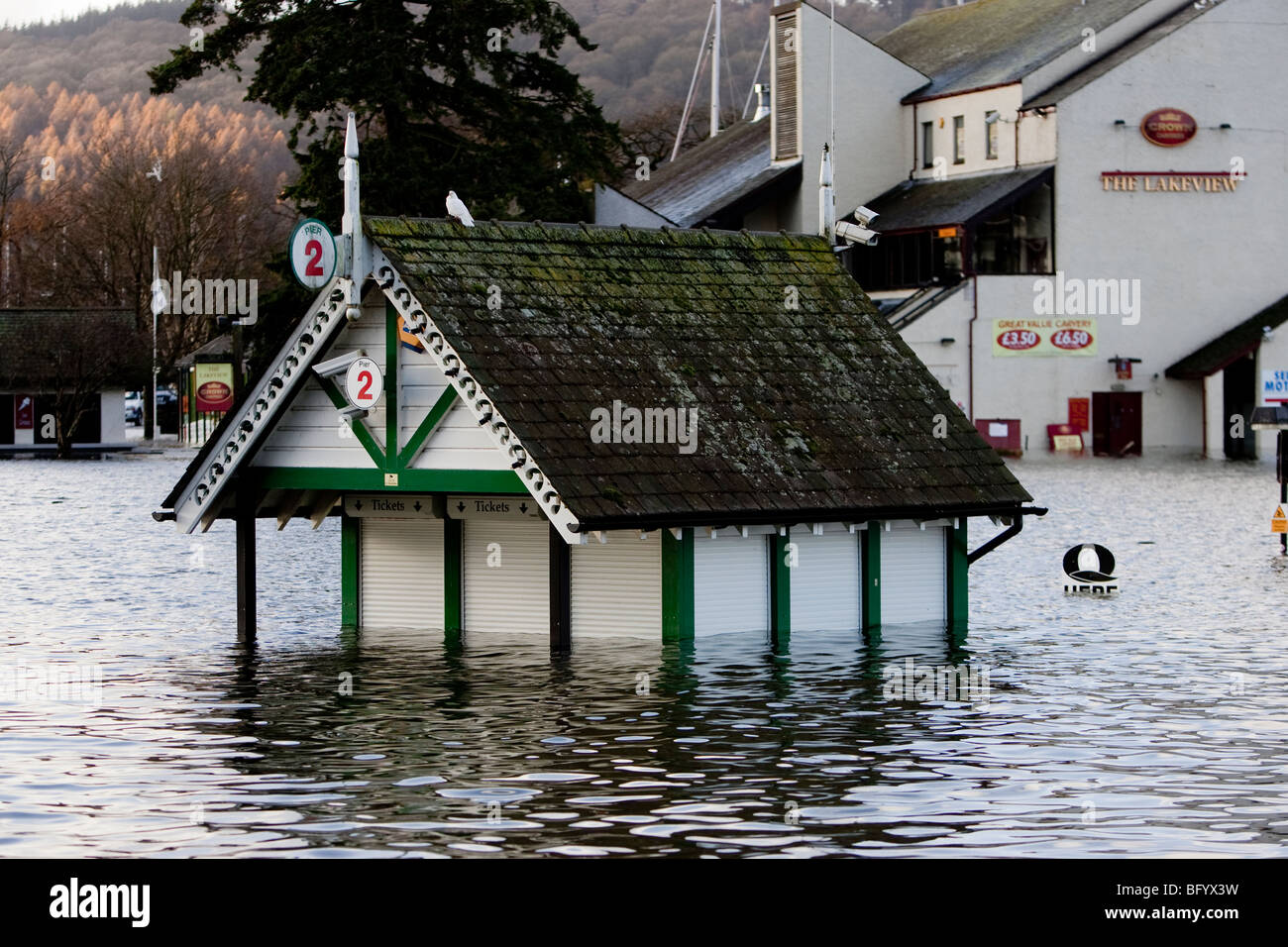Bowness On Windermere promenade under water due to flooding November