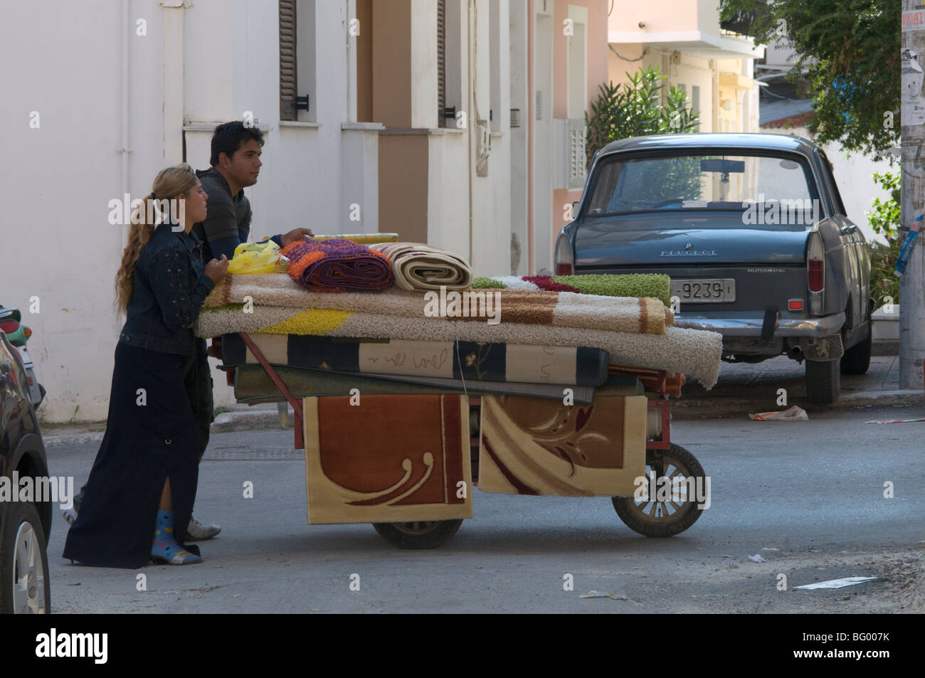 Greece. Zakynthos. Zante. Greek island. October. Carpet sellers in the streets of Zakinthos Town. Stock Photo