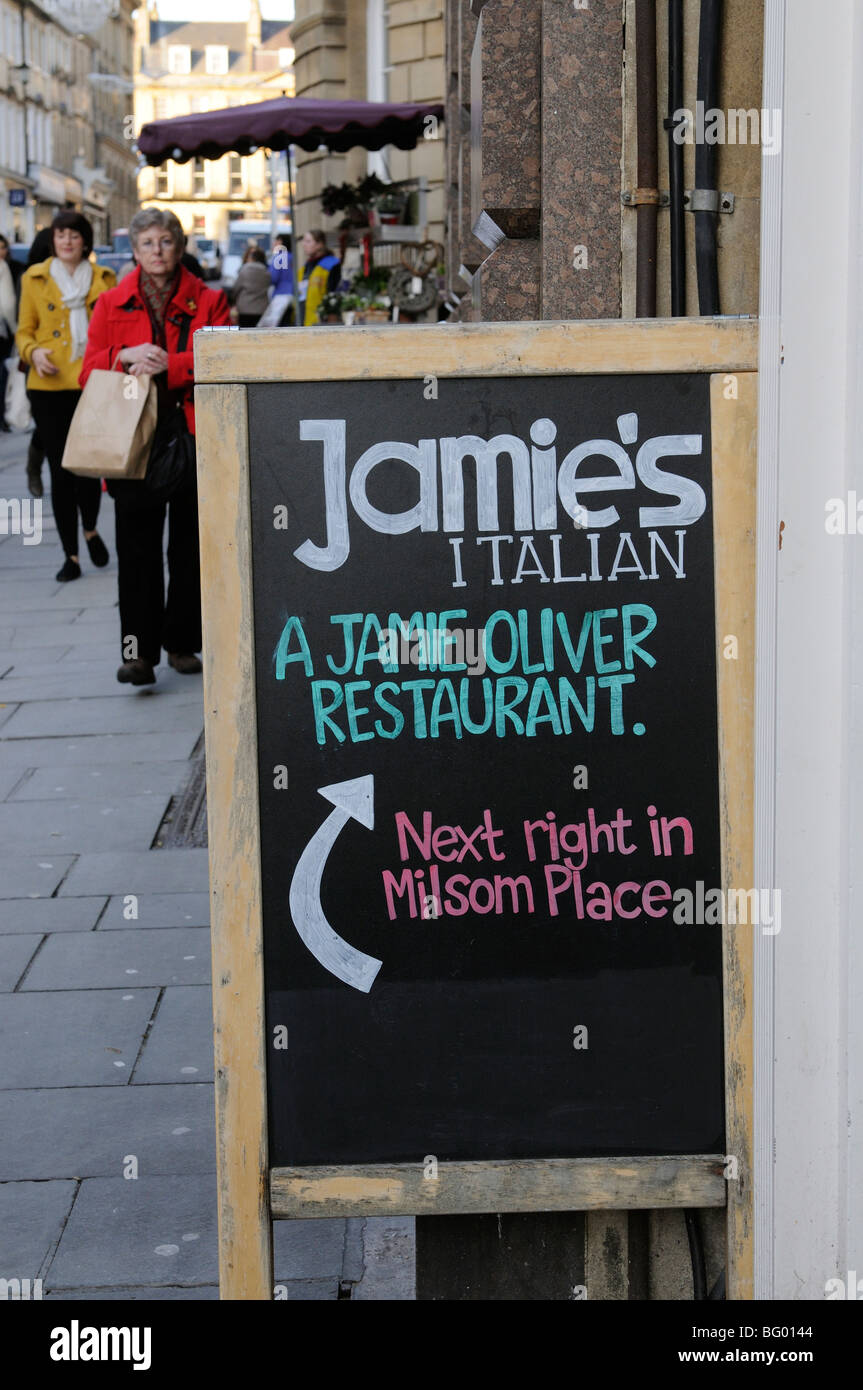 Blackboard advertising Jamie's Italian a Jamie Oliver restaurant in Bath Somerset England Stock Photo