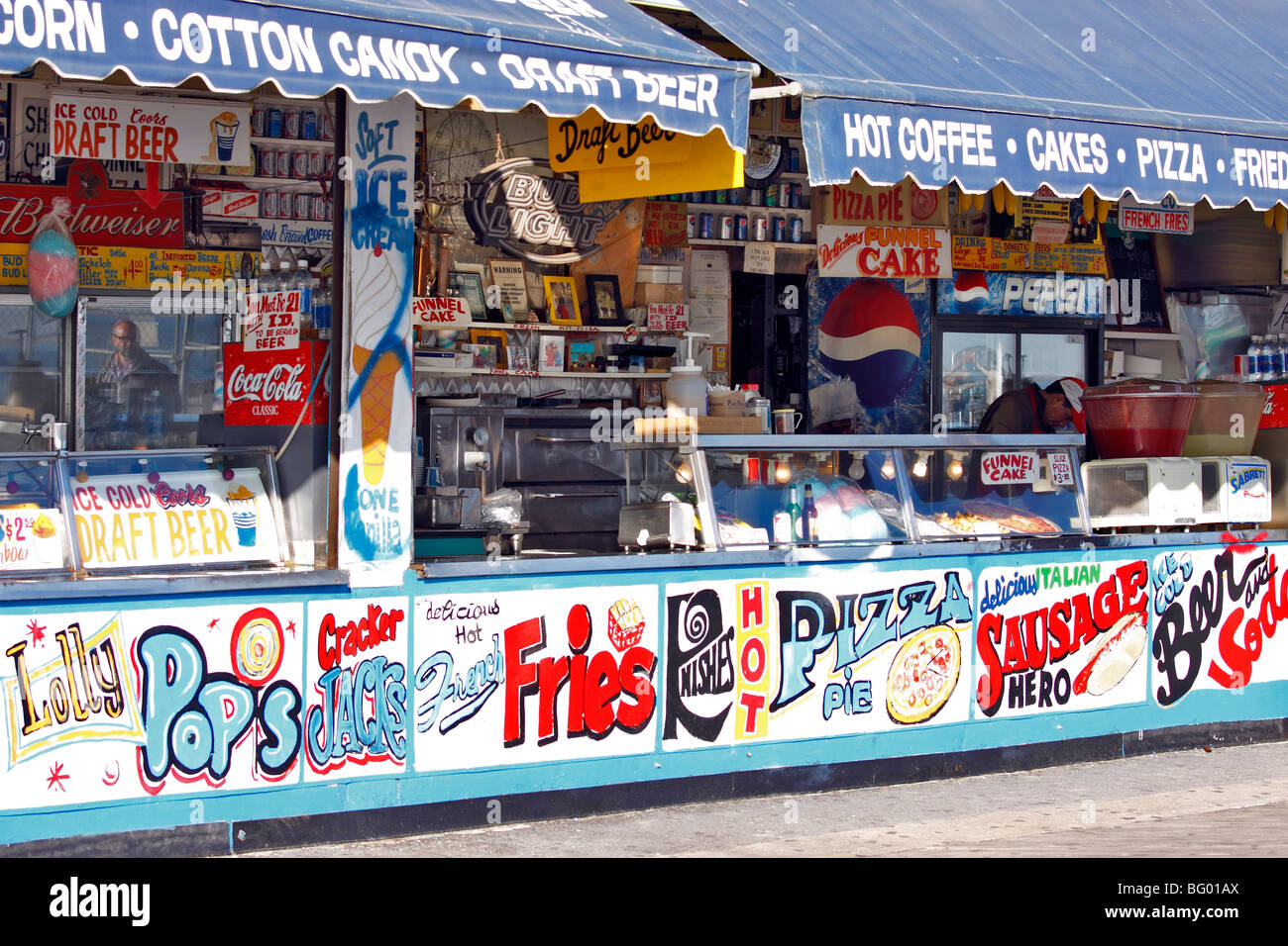 Concession stand snack bar, Coney Island boardwalk, Brooklyn, NY Stock Photo