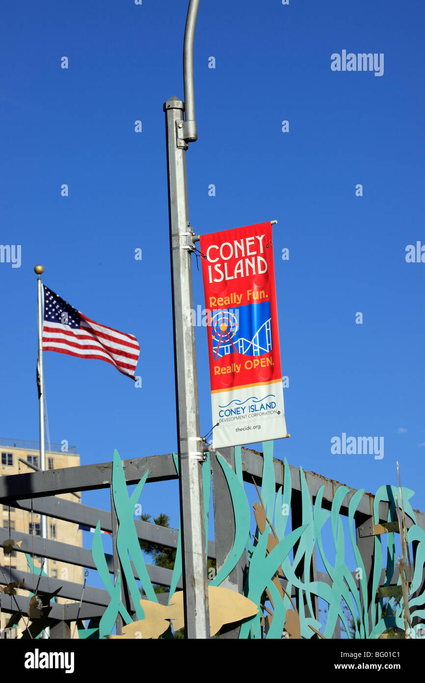 Pole Banner And American Flag On The Boardwalk At Coney Island