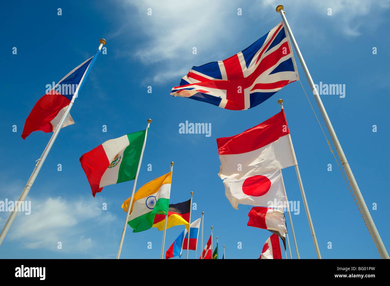 Union Jack and other world countries International flags flying Stock Photo