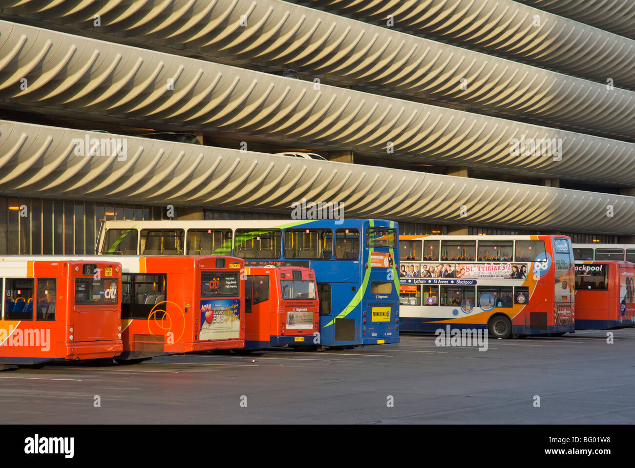 Bus station and multi-storey car park, Preston, Lancashire, England UK Stock Photo