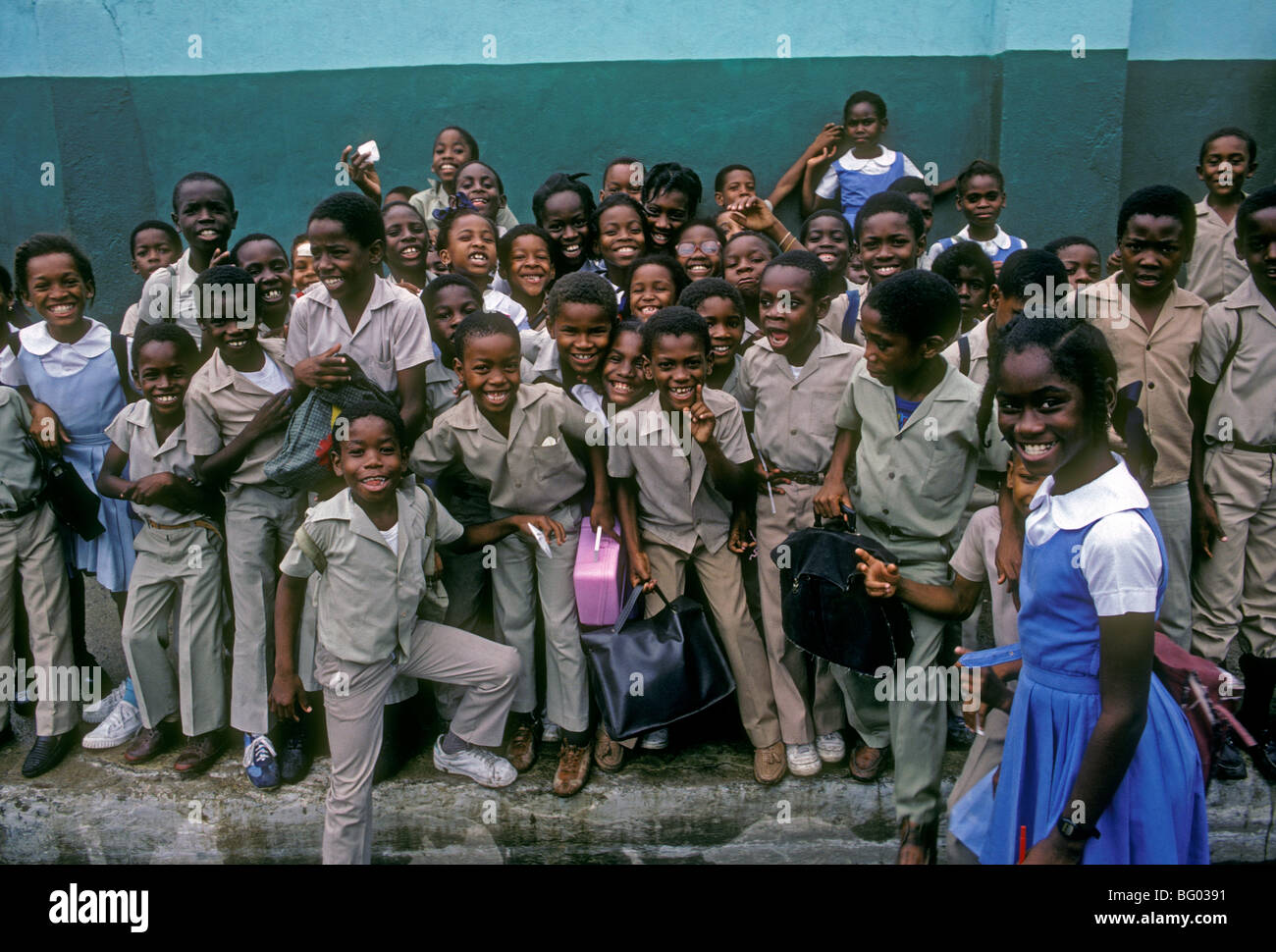 Jamaican girls, Jamaican boys, schoolgirls, schoolboys, schoolchildren, students, elementary school, Spanish Town, Jamaica, Caribbean, West Indies Stock Photo