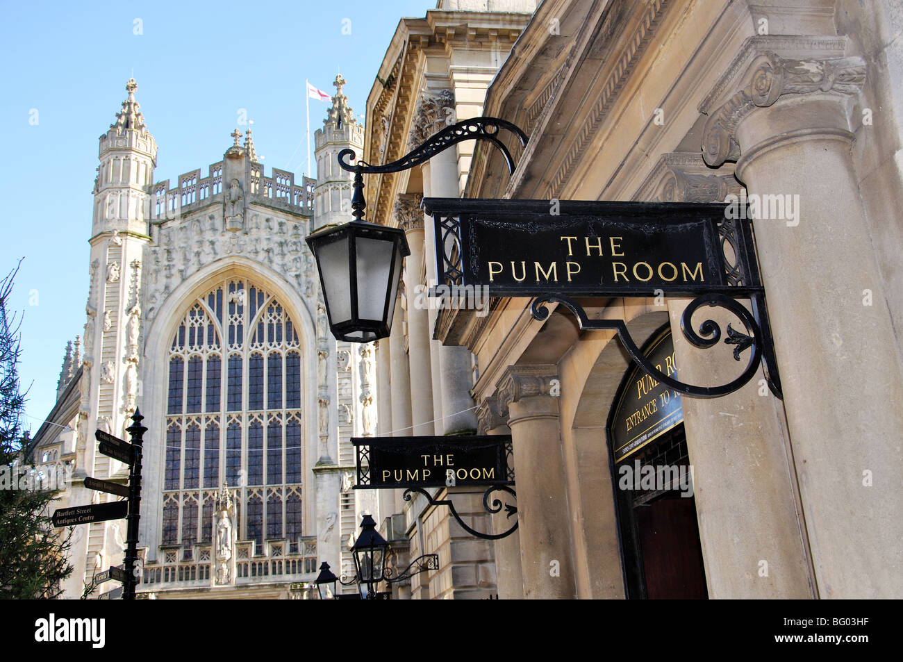 The Pump Room signs, The Roman Baths, Bath, Somerset, England, United Kingdom Stock Photo
