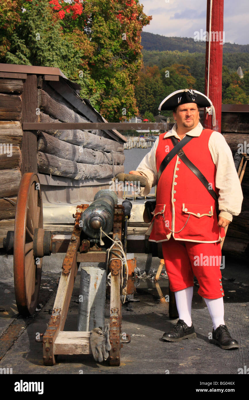 British Soldier with Canon Shot, Fort William Henry, Lake George, New York Stock Photo