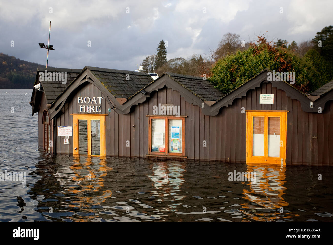 Bowness On Windermere promenade under water due to flooding November