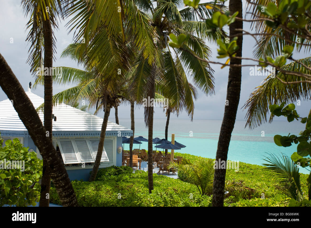 A view toward the beach from The Pink Sands Hotel, Harbour Island, The Bahamas, West Indies, Central America Stock Photo