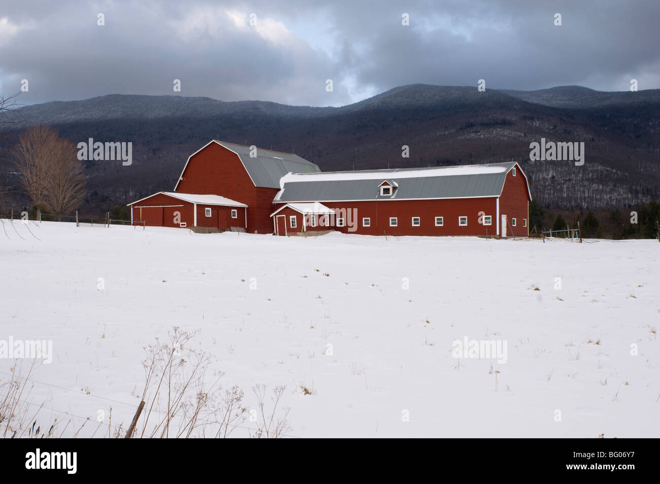 A traditional red painted barn surrounded by snow and the Green Mountains in the background, Vermont, New England, USA Stock Photo