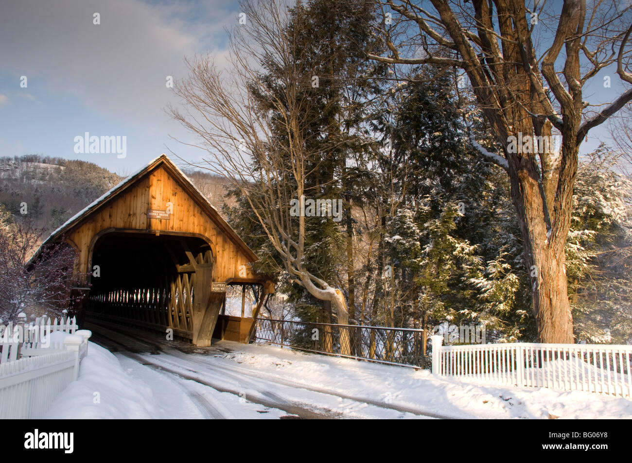 Middle Bridge, a covered wooden bridge in winter, Woodstock, Vermont